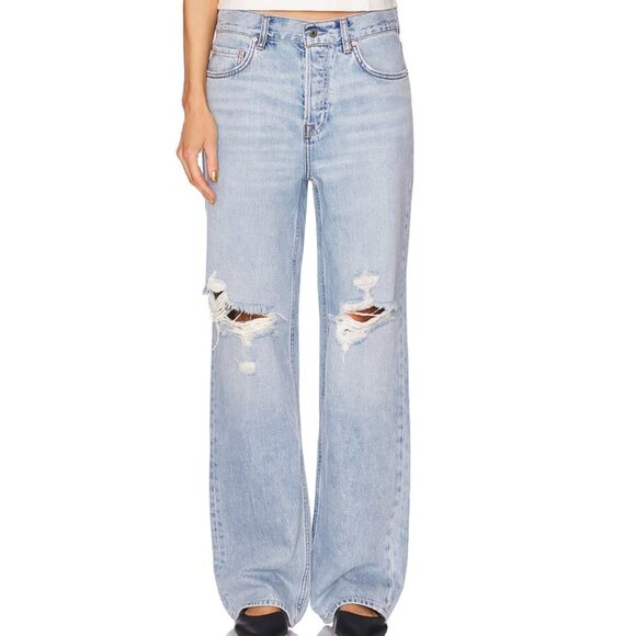 GRLFRND Bella Low Rise Boyfriend Wide Leg Jeans in Fairfax Knee Rip Size 27 - Picture 1 of 11